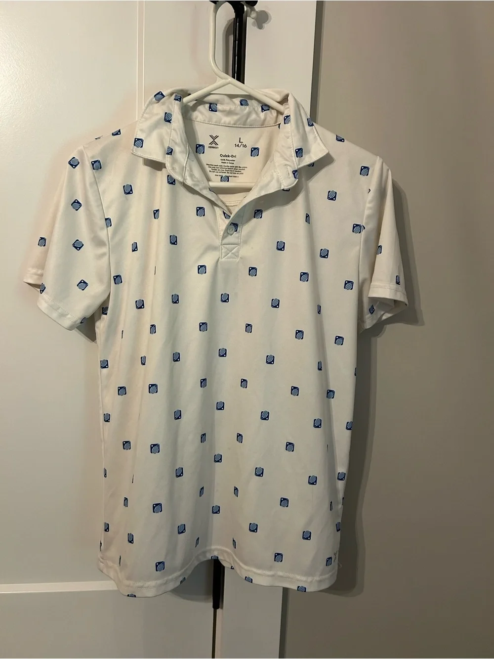 Xersion White Polo with Blue Micro Squares